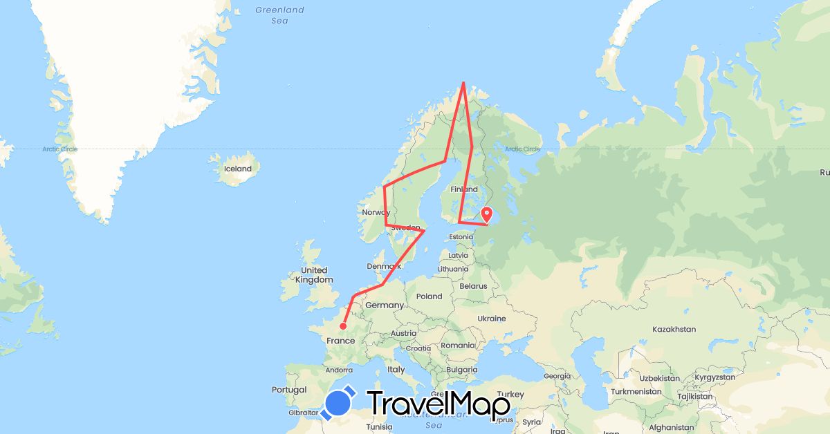 TravelMap itinerary: driving, hiking in Germany, Denmark, Finland, France, Netherlands, Norway, Russia, Sweden (Europe)